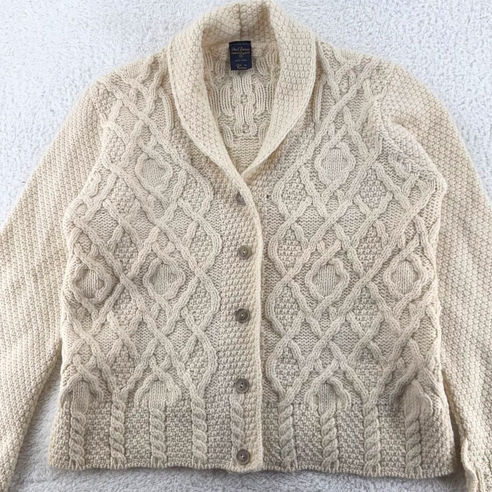 vintage PAUL JAMES CHUNKY 3D CABLE KNIT WOOL CARDIGAN‎ SWEATER MEDIUM
